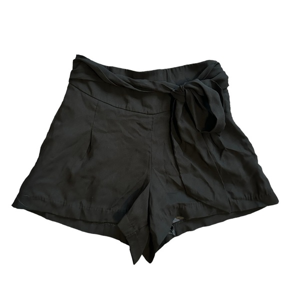 Double Zero tie-waist Flat Front  high Rise Paper Bag Shorts Black Small - Picture 1 of 11